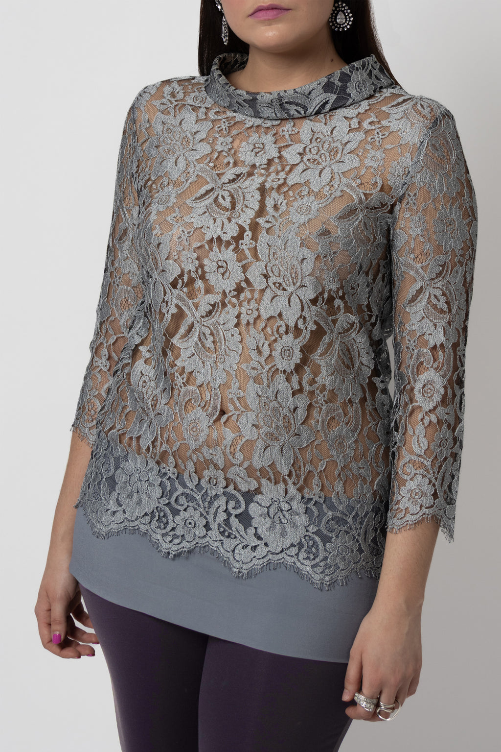 Blouse en dentelle grise Oscalito - taille 40 / taille L - seconde main pièces de créateurs - boutique mode 