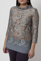 Blouse en dentelle grise Oscalito - taille 40 / taille L - seconde main pièces de créateurs - boutique mode 