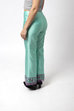 Pantalon en soi, brodé Escada  - turquoise- seconde main pièces de créateurs - taille 36/S