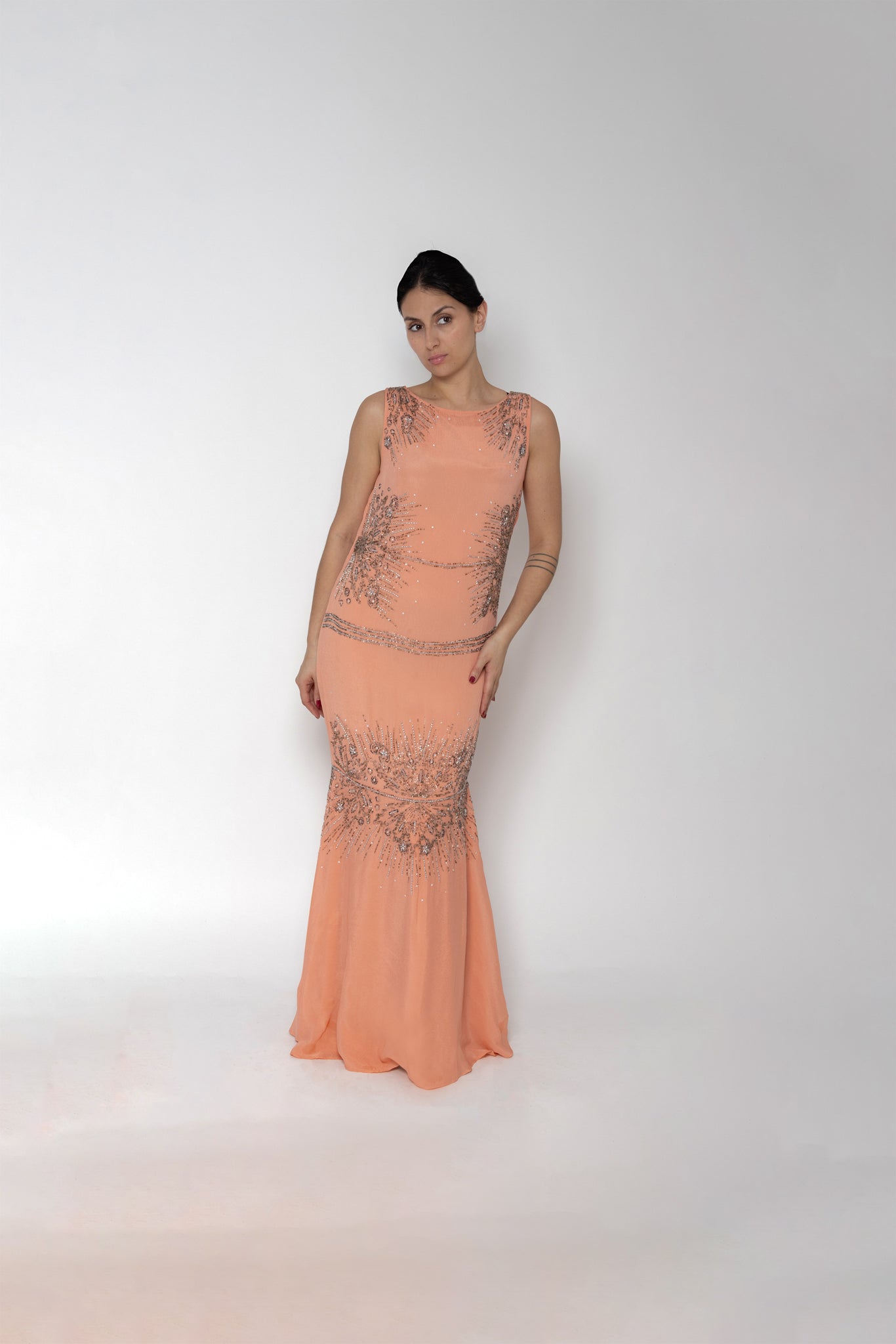 Robe longue perles Roberto Cavalli soie pêche broderie sequins seconde main - taille 38