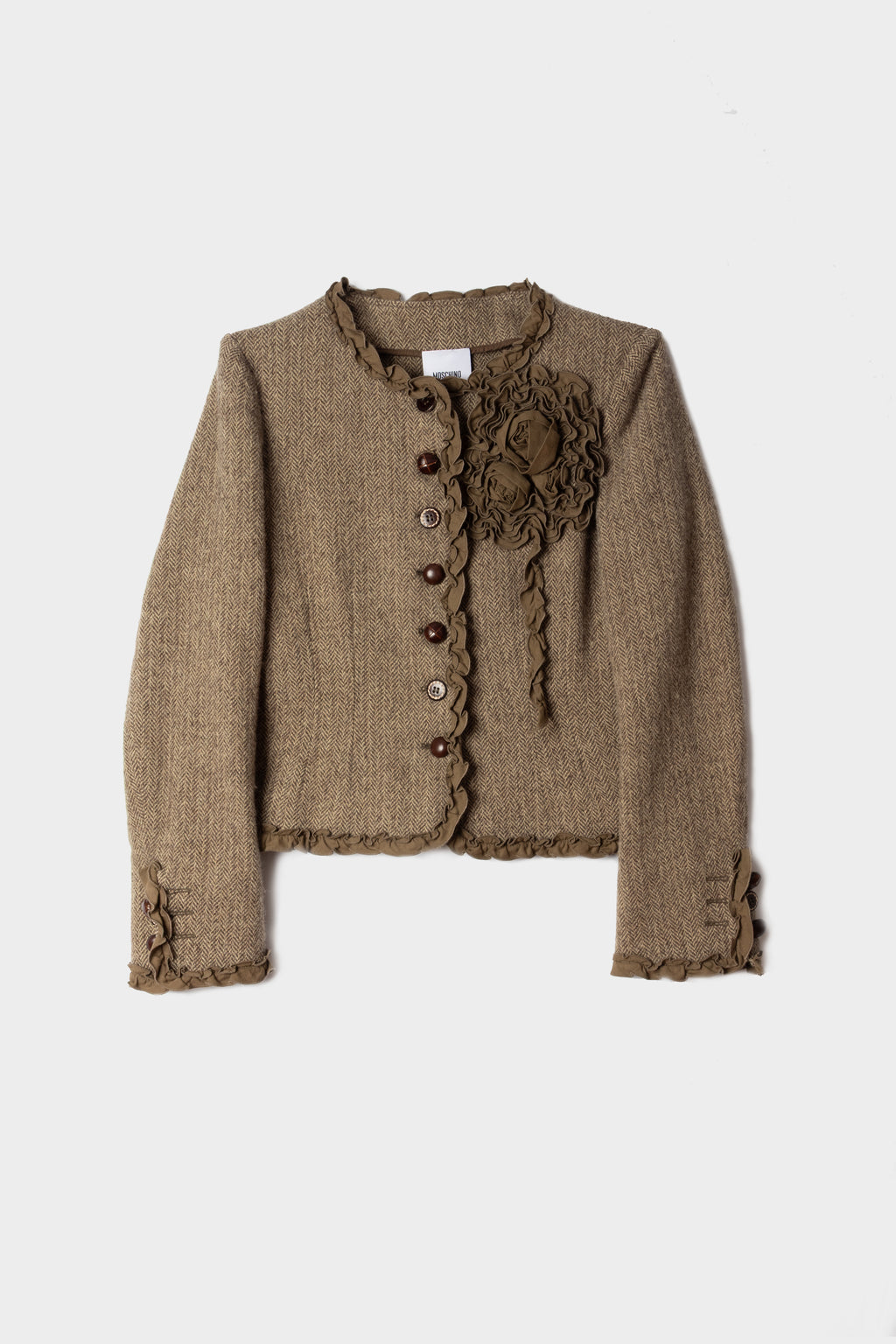 Veste laine chevron Moschino fleur 3D seconde main - taille 40 - pièce créateur vintage