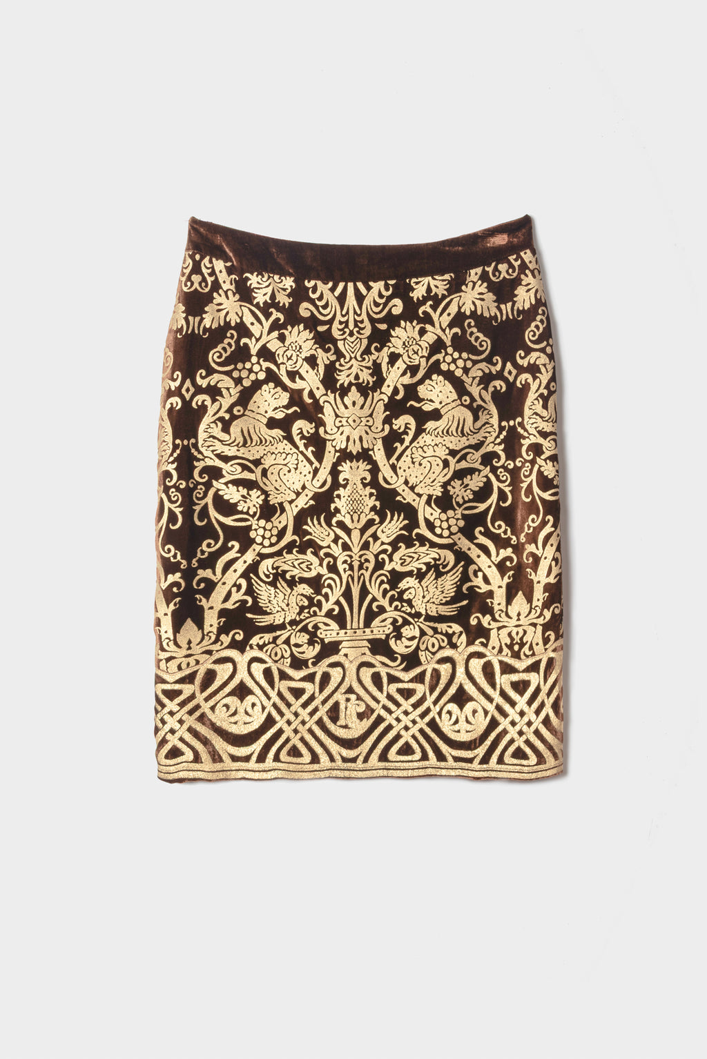Jupe crayon velours Roberto Cavalli imprimé lion doré baroque seconde main - taille 38