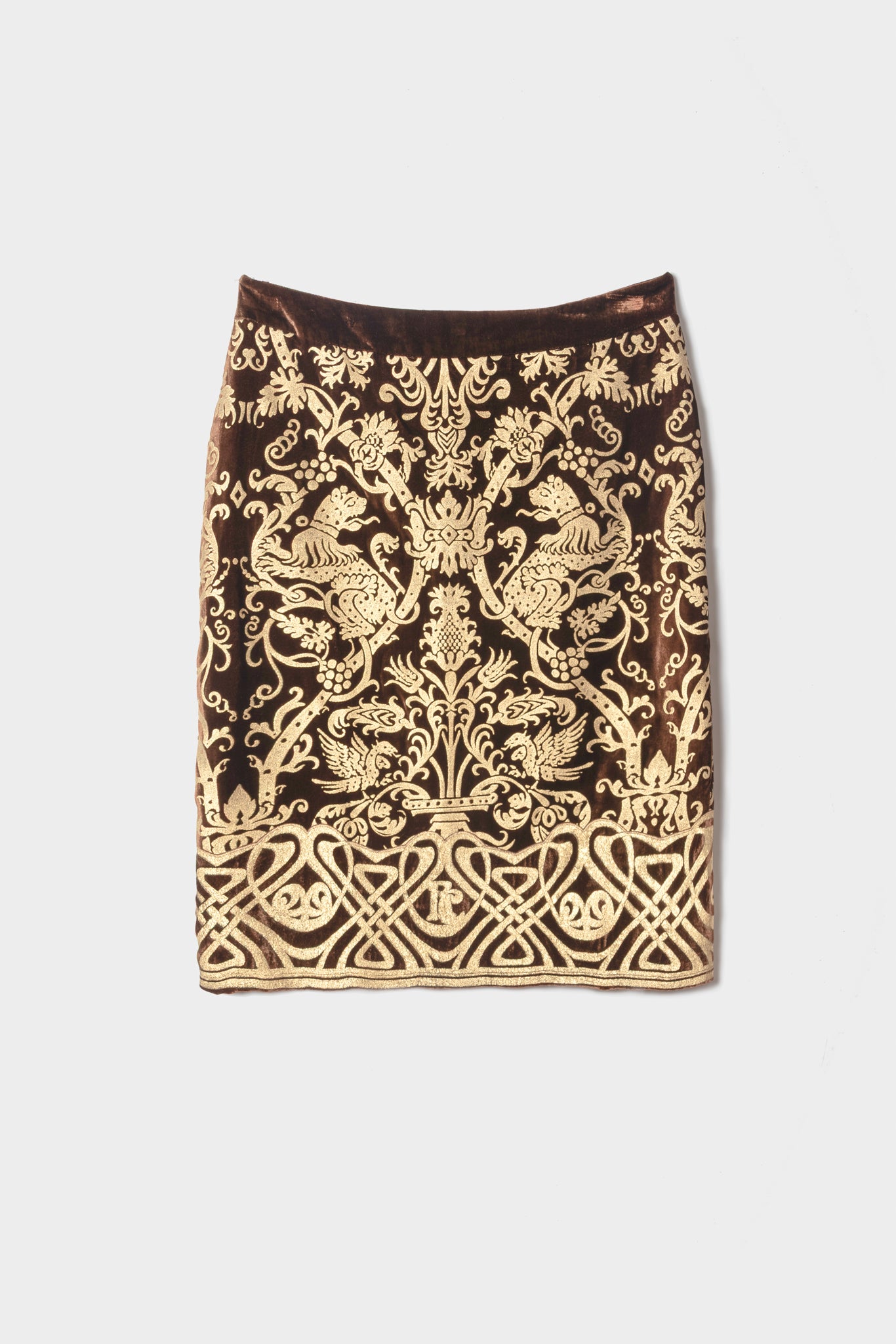 Jupe crayon velours Roberto Cavalli imprimé lion doré baroque seconde main - taille 38