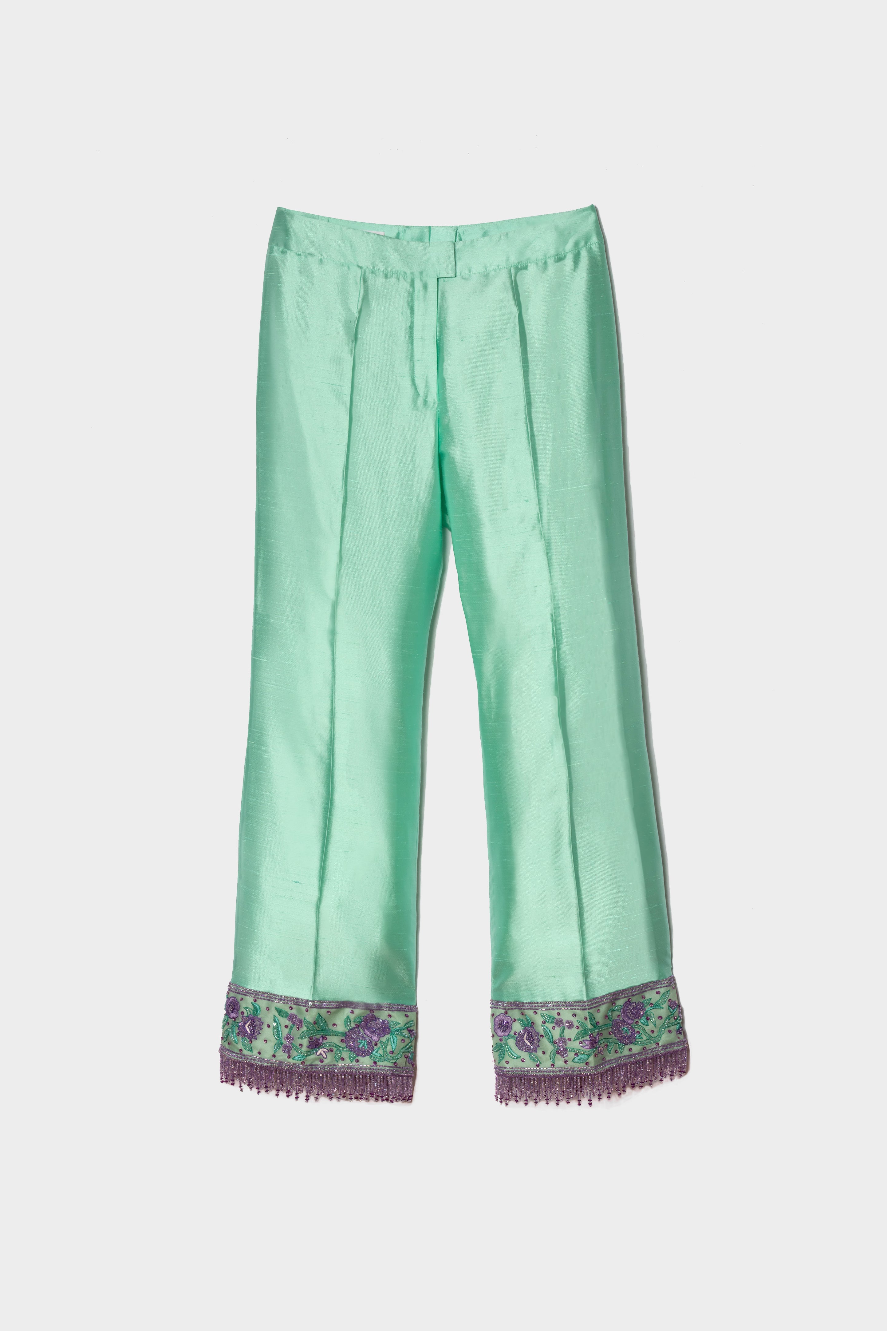 Pantalon en soi, brodé Escada  - turquoise- seconde main pièces de créateurs - taille 36/S