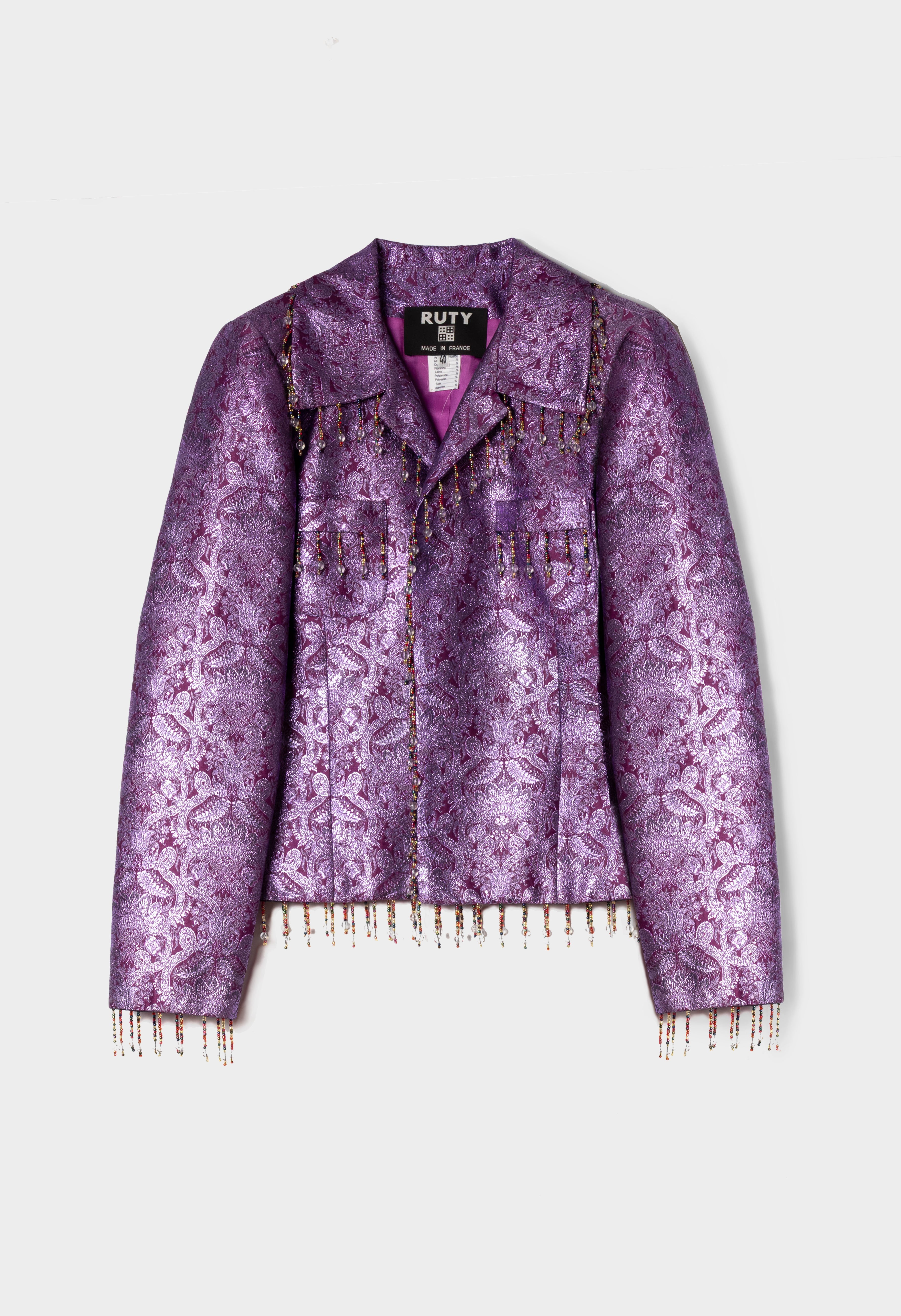 Veste brocart violet Ruty Design broderies perles seconde main - Made in France années 90