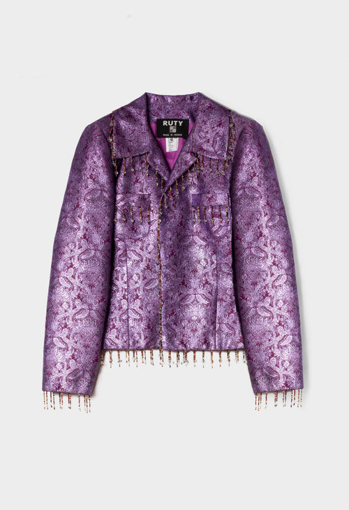 Veste brocart violet Ruty Design broderies perles seconde main - Made in France années 90